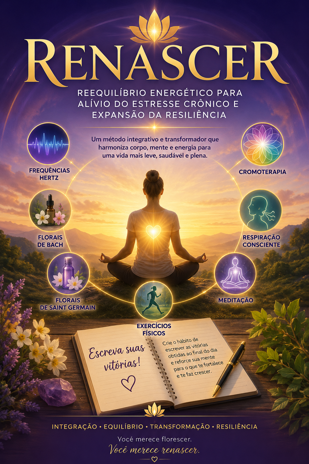 Método Renascer — meditação ao pôr do sol com os pilares do método
